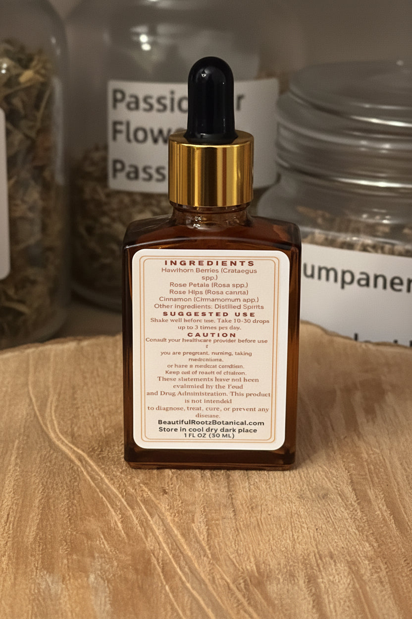 Bottle of passion flower tincture with dropper on a wooden surface